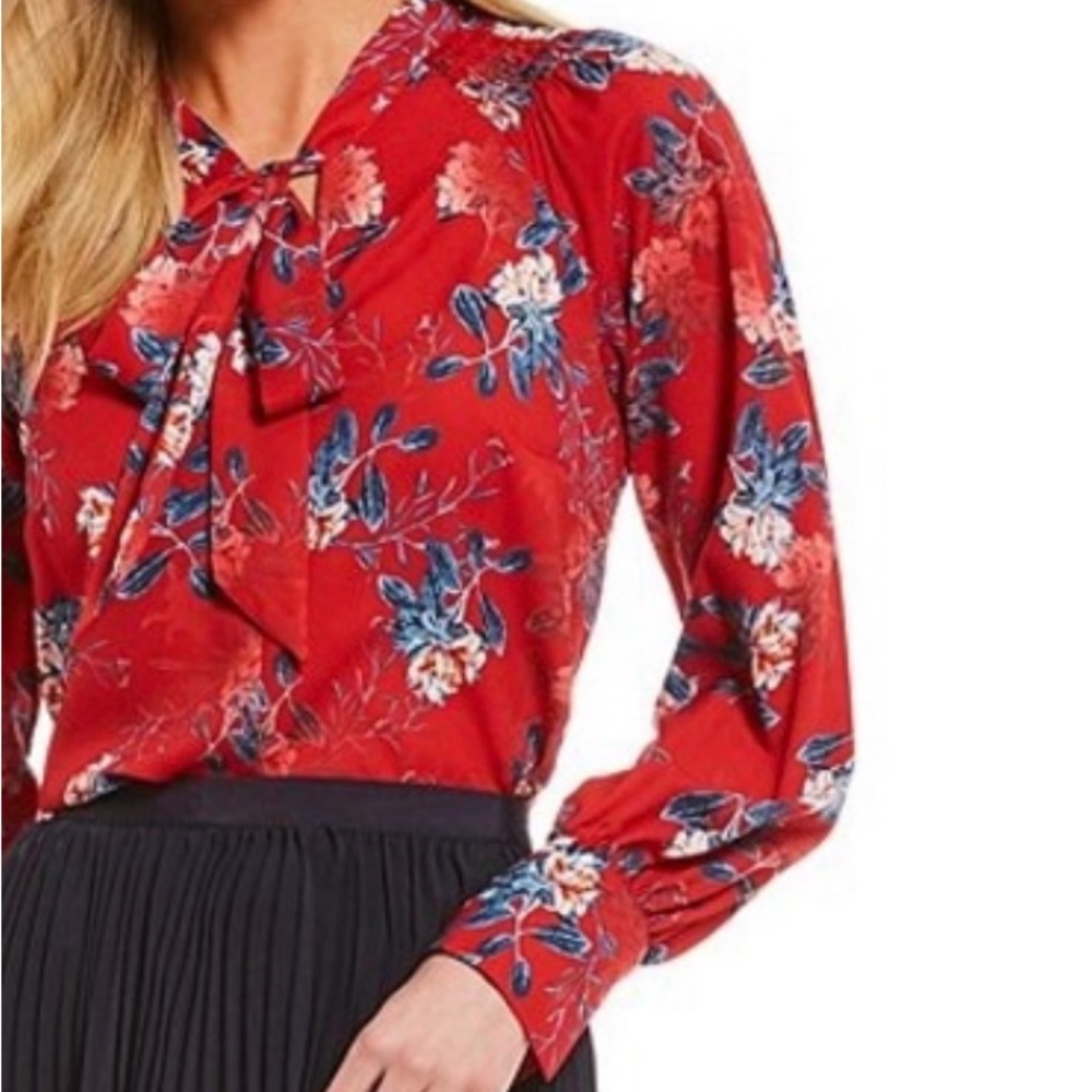 French Connection Red Floral Blouse w/ ribbon tie around neck line Size M